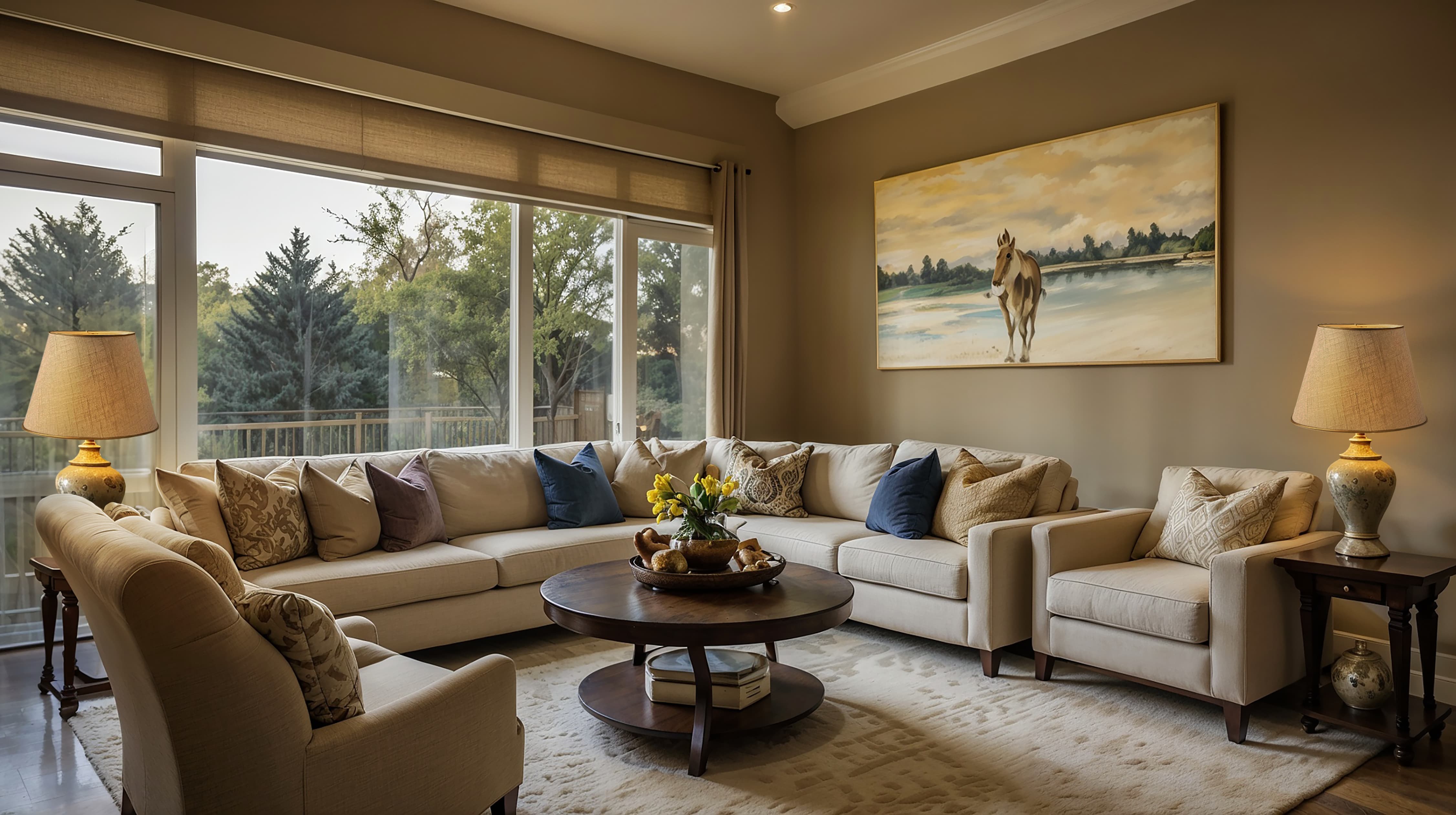 Gold Metallic Linen British Empire Lamp Shades in a living room