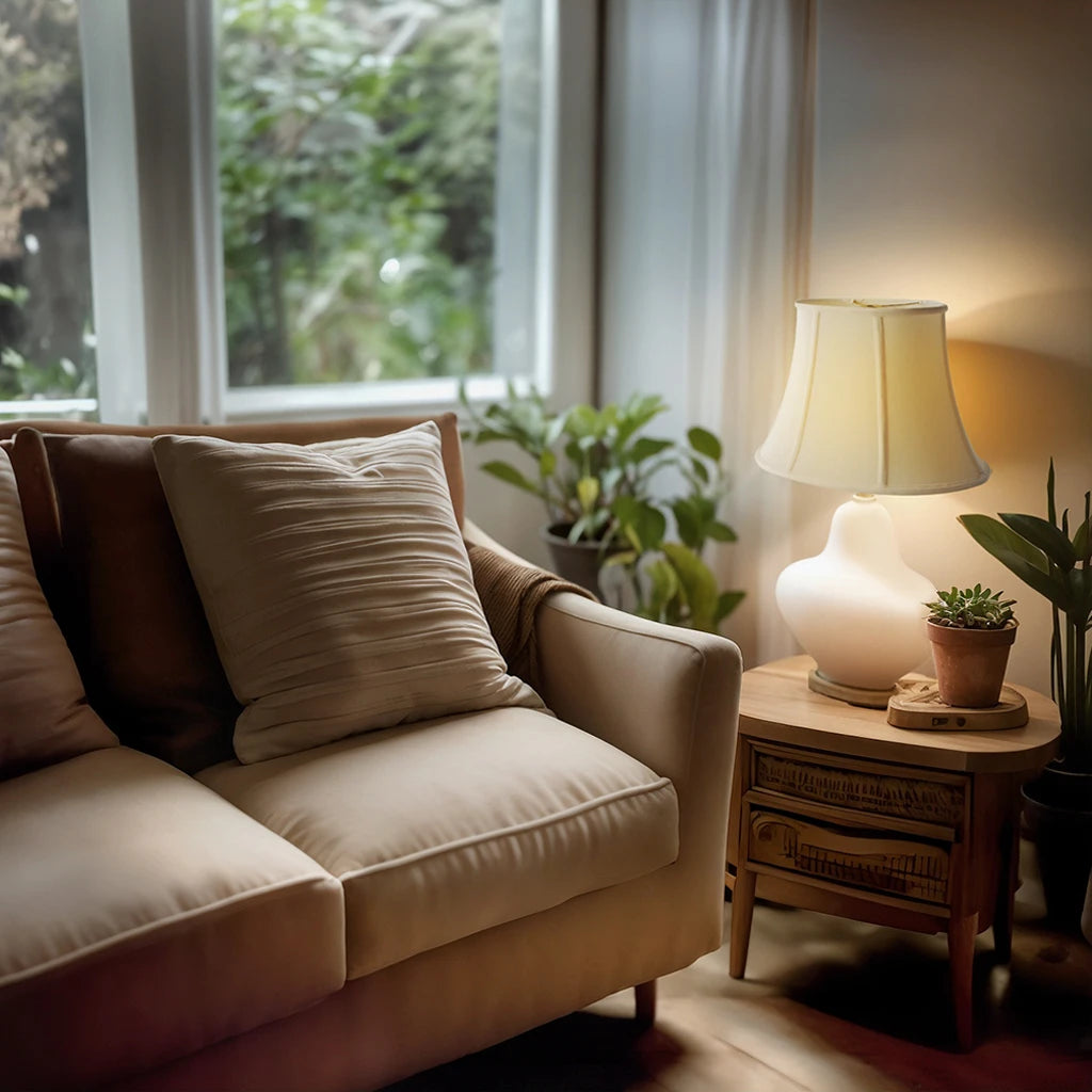 Anna Oval Bell next to a couch