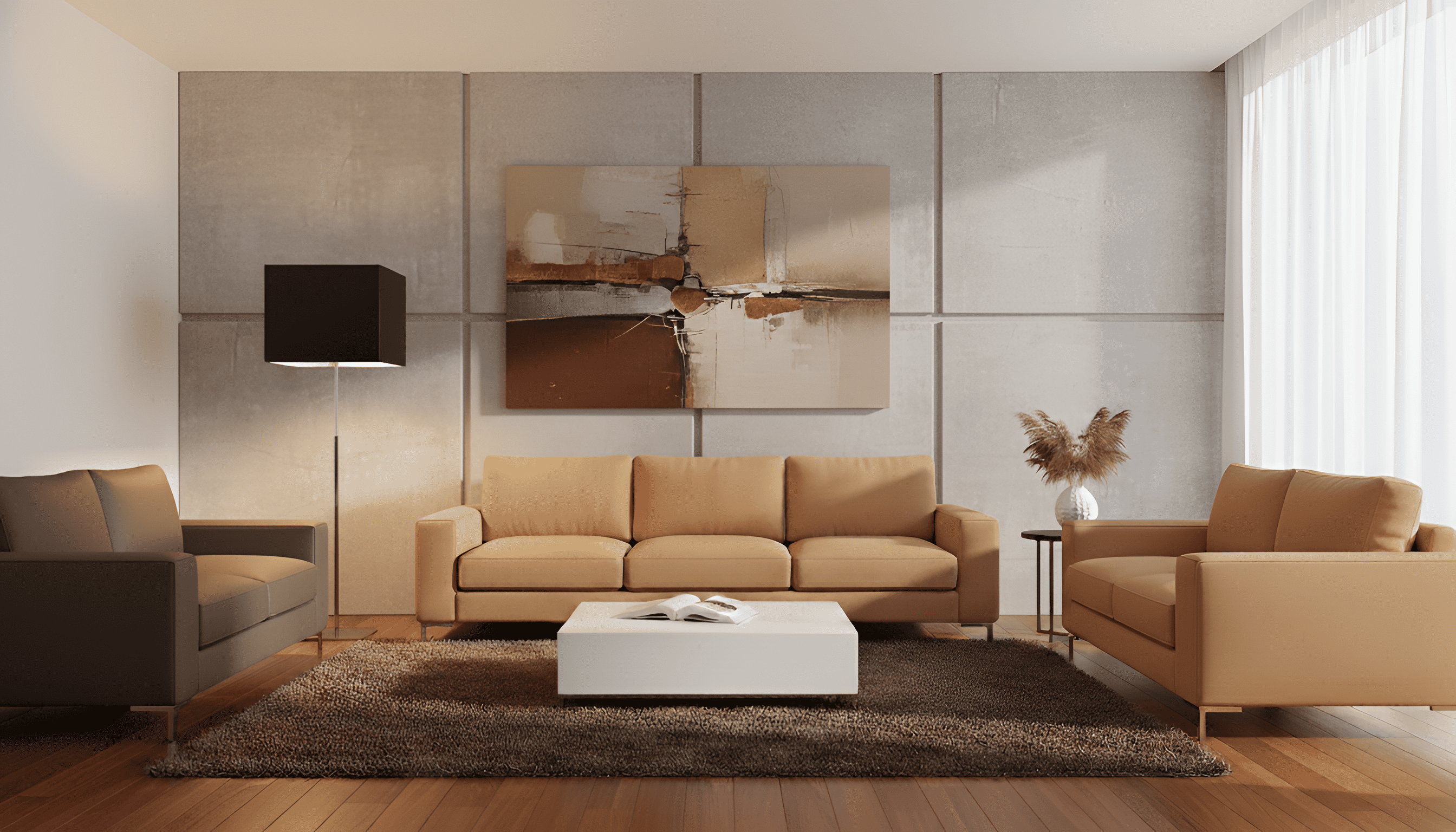 Modern living room with beige sofa, coffee table, and wall art