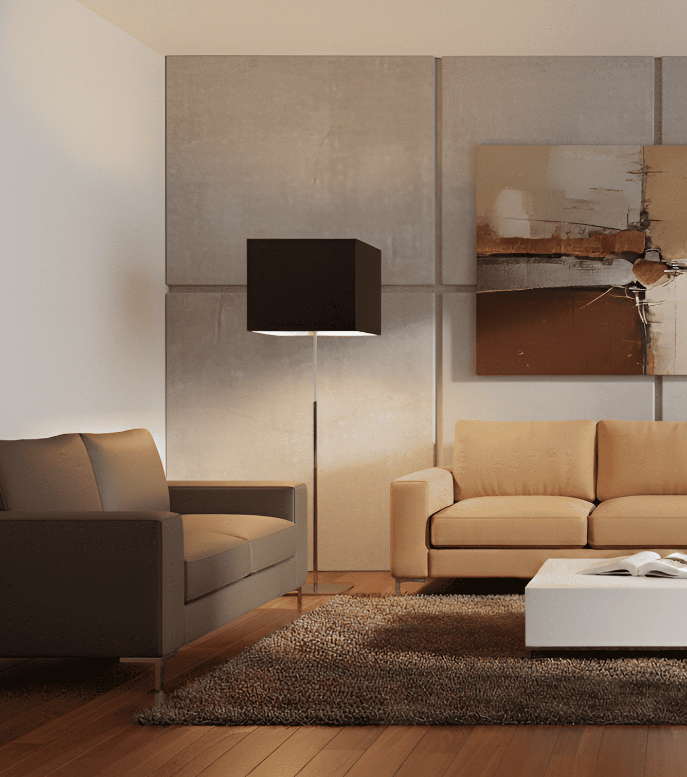 Modern living room with beige sofa, armchair, and floor lamp.