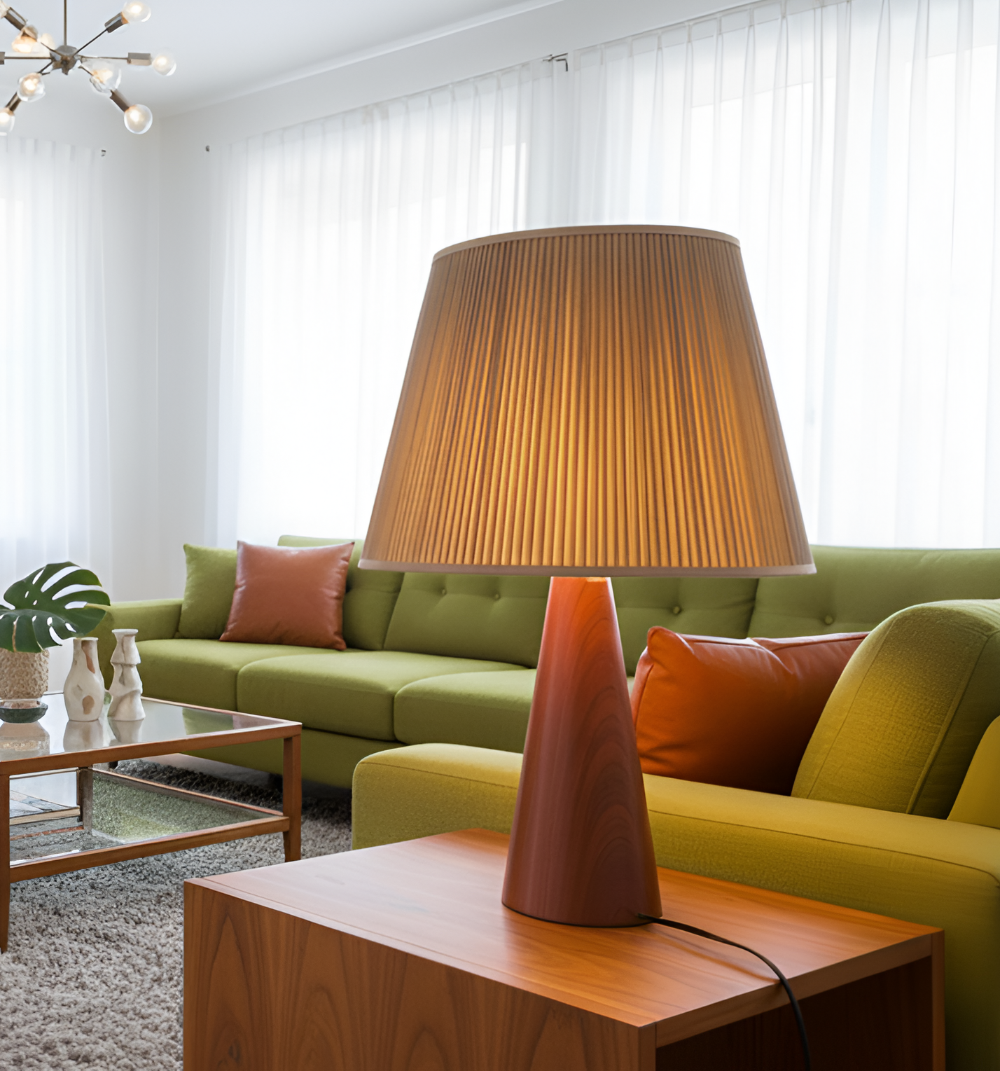 A modern living room with a green sofa, orange pillows, a wooden coffee table, and a brown table lamp with a pleated shade on a wooden side table. White curtains let in natural light.