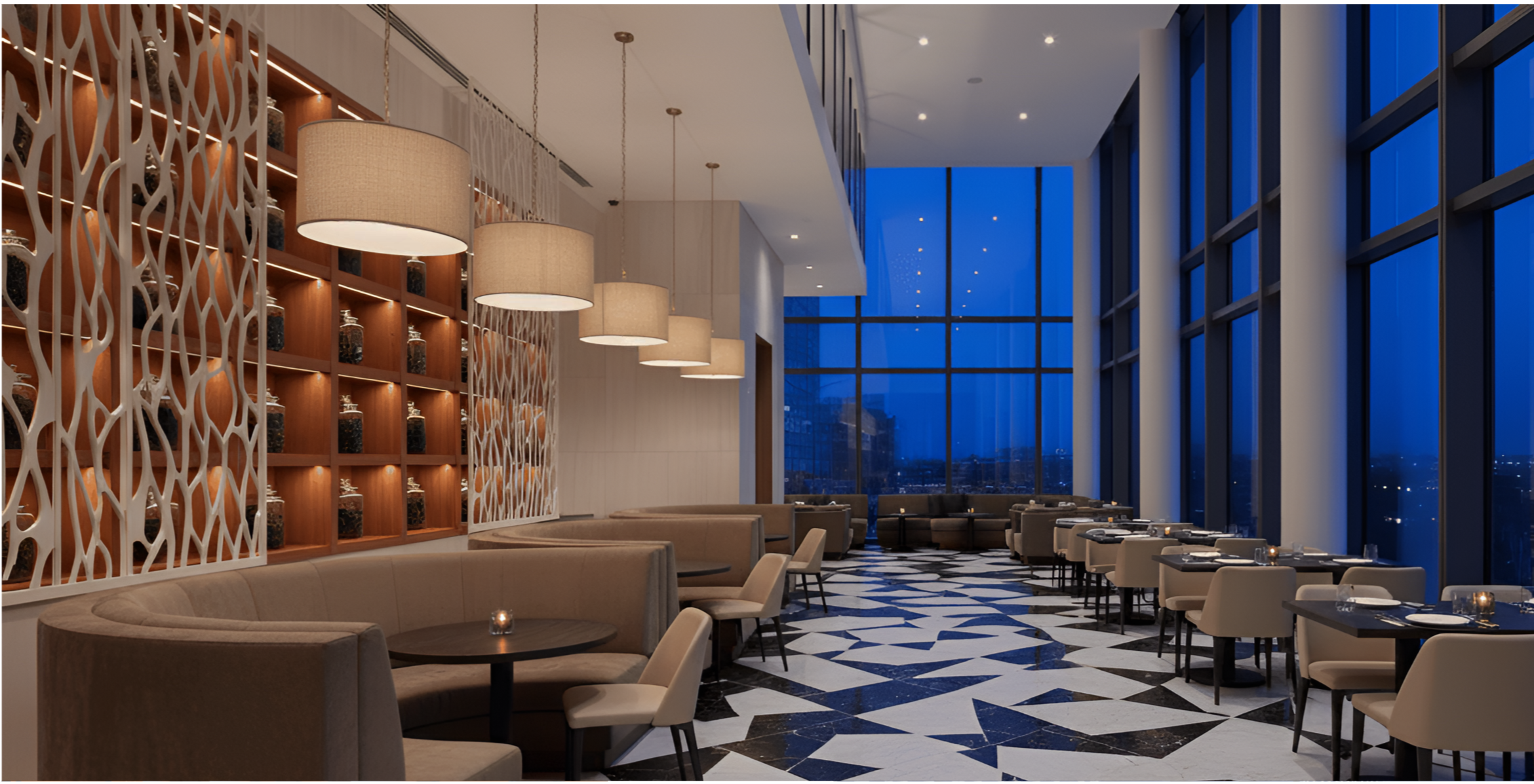A modern, upscale restaurant with large floor-to-ceiling windows, geometric black and white tile flooring, brown curved booths, round tables, and pendant lighting, overlooking a nighttime cityscape.