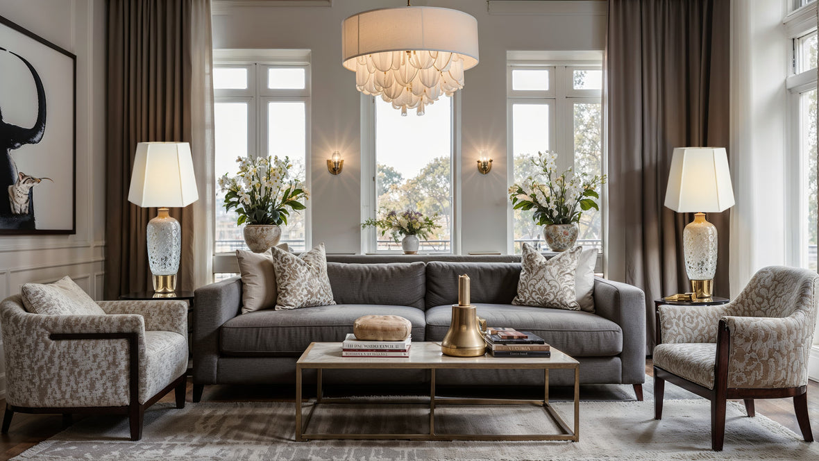 A stylish living room featuring white anna hexagon lamp shade