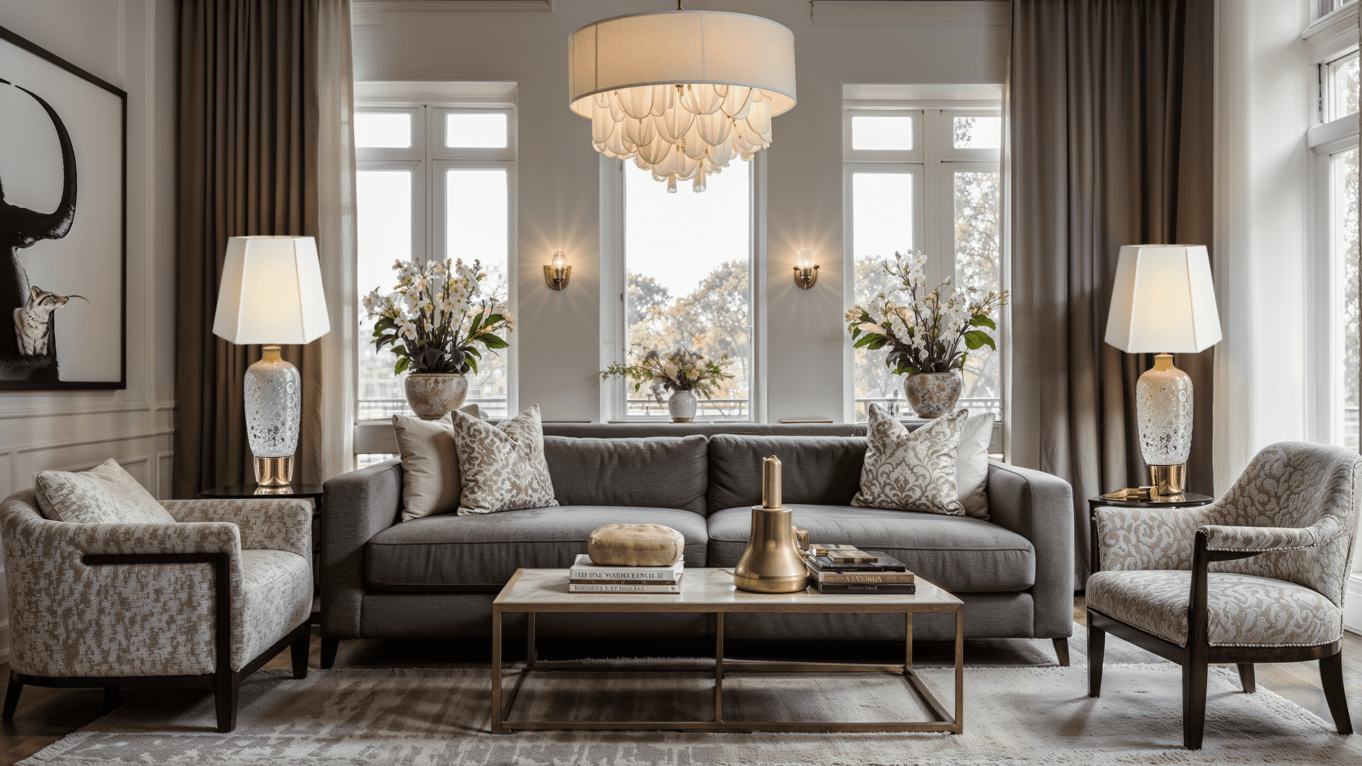A stylish living room featuring white anna hexagon lamp shade