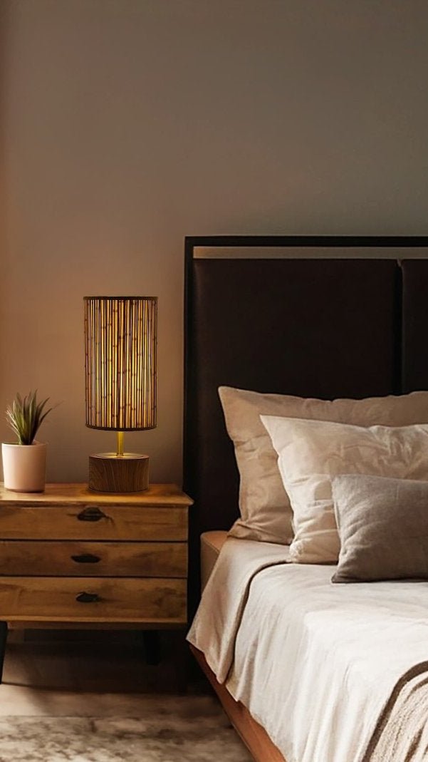 
Cherry Base Bamboo Printed Stick Shade, Touch Lamp, next to a bed