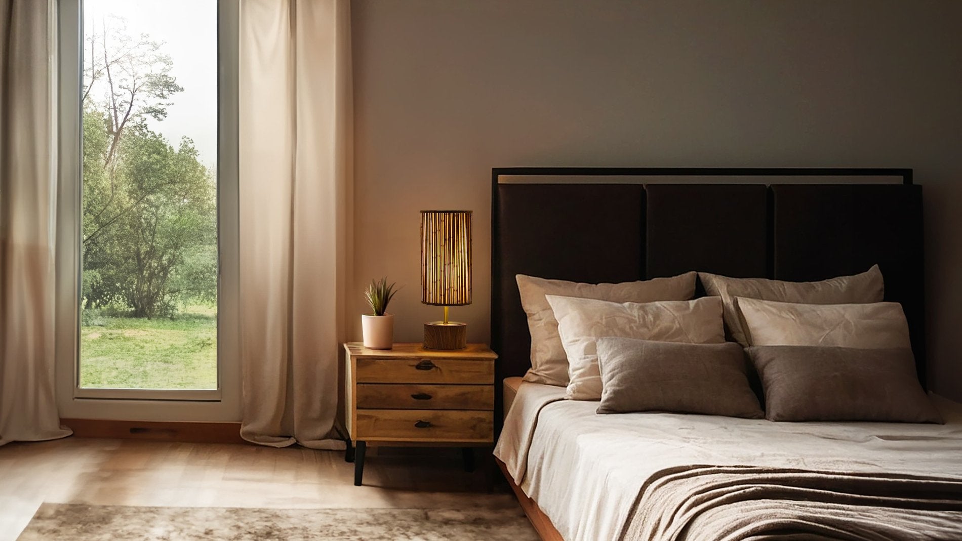 Cherry Base Bamboo Printed Stick Shade, Touch Lamp, next to a bed