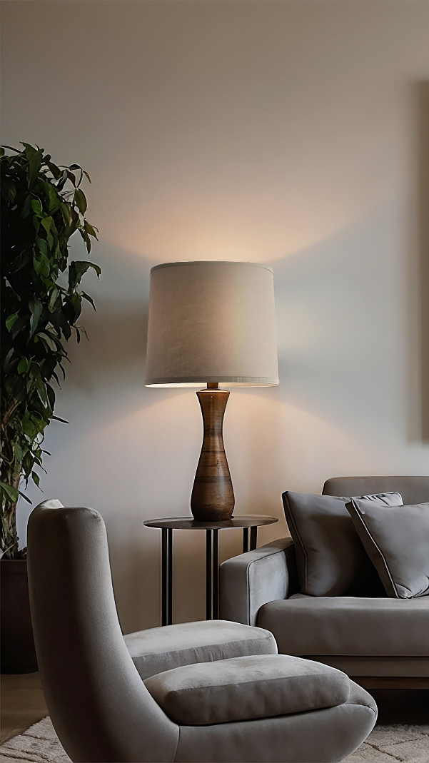 Linen retro drum lampshade next to a couch