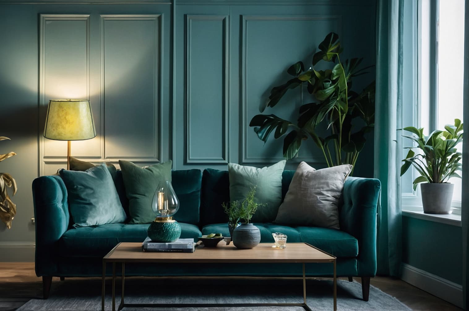 Luxurious living room with a blue couch and green pillows, illuminated by a Mica Empire Floor Lamp Shade.