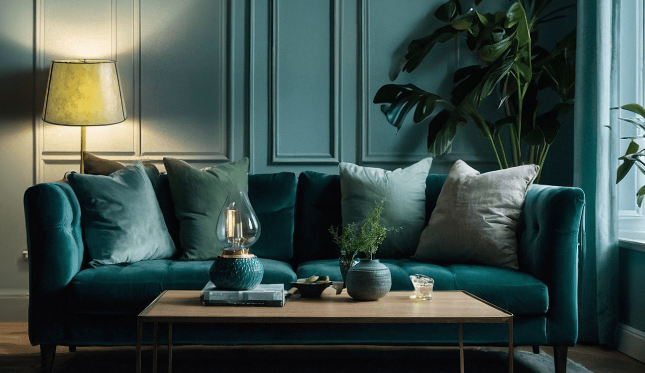 Luxurious living room with a blue couch and green pillows, illuminated by a Mica Empire Floor Lamp Shade.