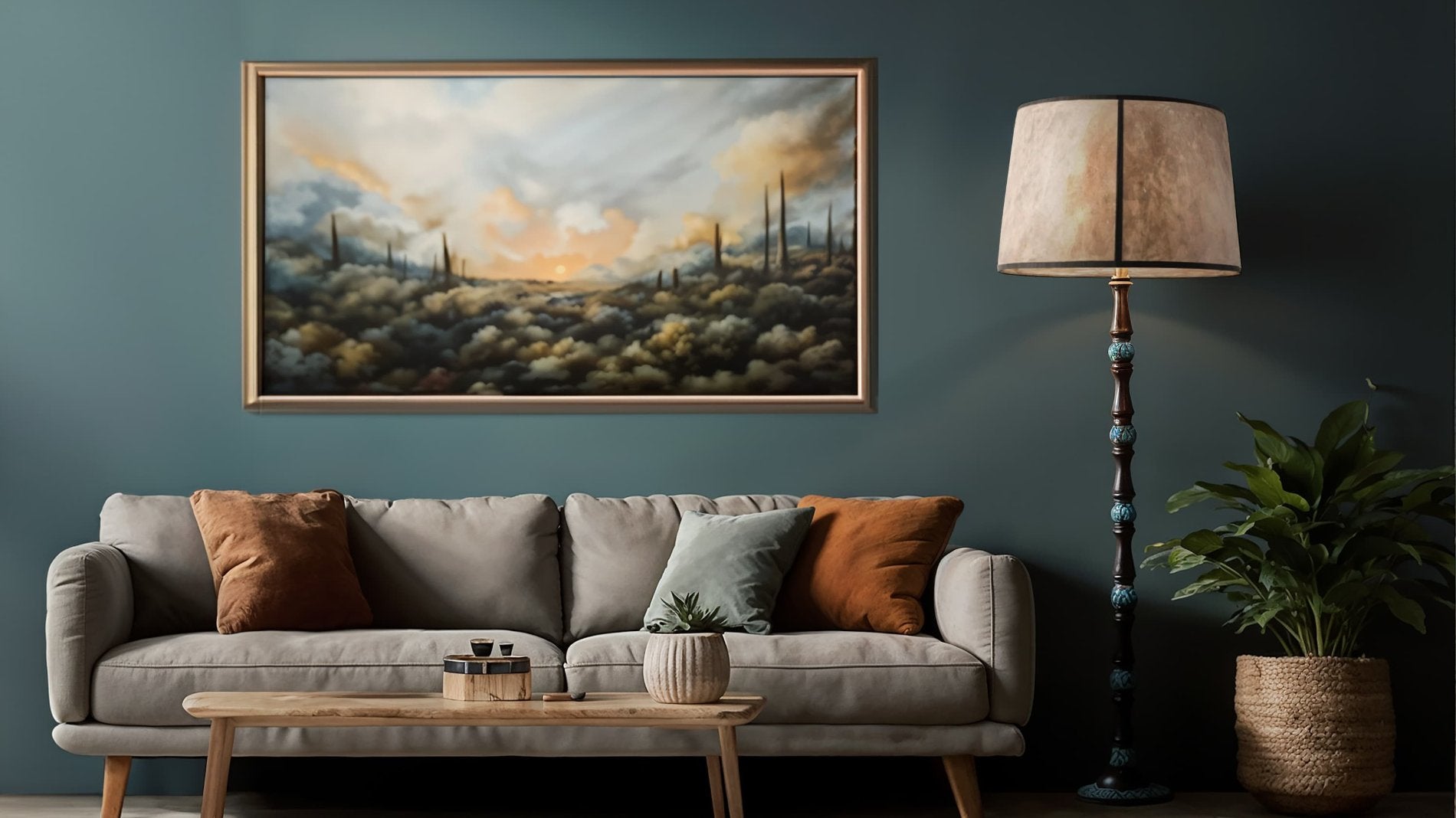 Standing lamp with Mica Retro Drum next to a sofa