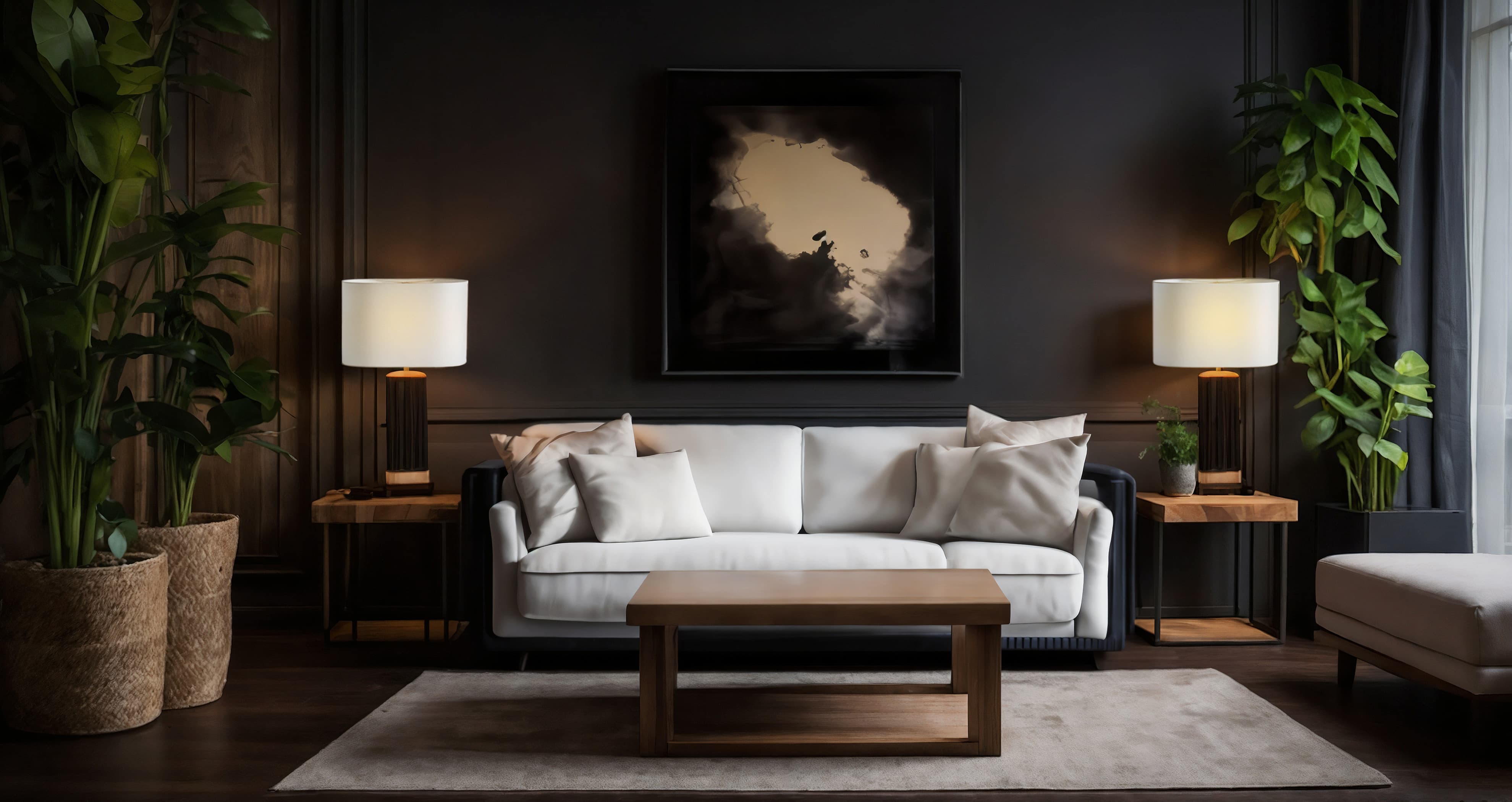 A living room with a white couch and a painting, illuminated by oval lamp shades.