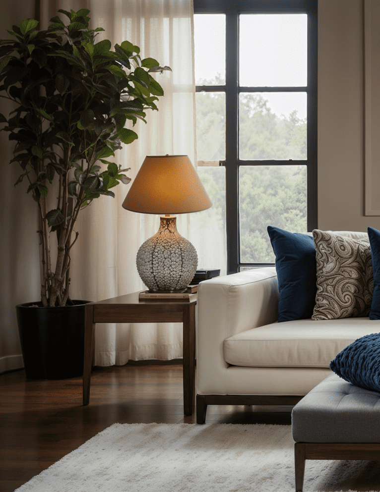 Indulge in the grandeur of a living room boasting a lavish couch, a sophisticated ottoman, and two exquisite lamps. The Brown Paper Coolie accentuates the room's elegance, creating a truly opulent atmosphere.