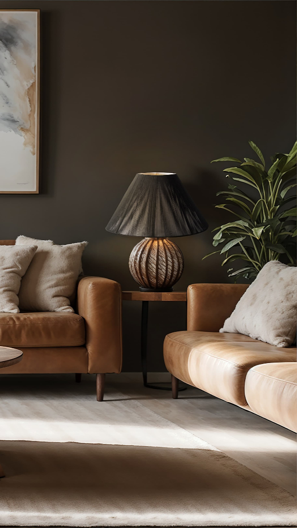Black Silk String Coolie Lamp Shades in a living room