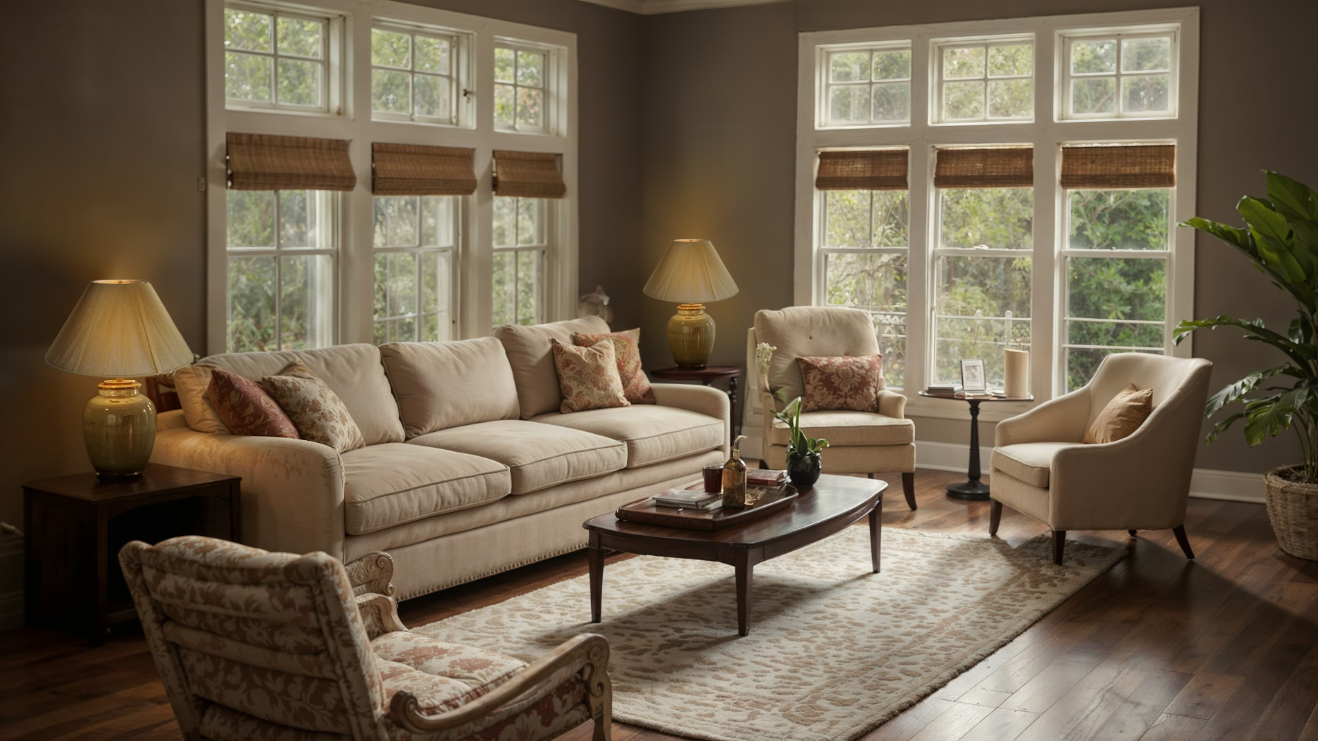 String lamp shades in a living room