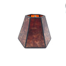 An amber mica chandelier hexagonal lampshade with warm translucent natural stone panels and black metal framing, shown against a plain white background.