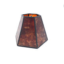 An amber mica chandelier hexagonal lampshade shown at a slight angle, highlighting its warm translucent natural stone panels.