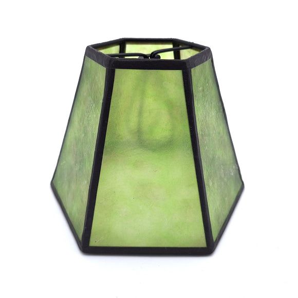 A green mica chandelier hexagonal lampshade with translucent natural stone panels and black metal framing, shown against a plain white background.