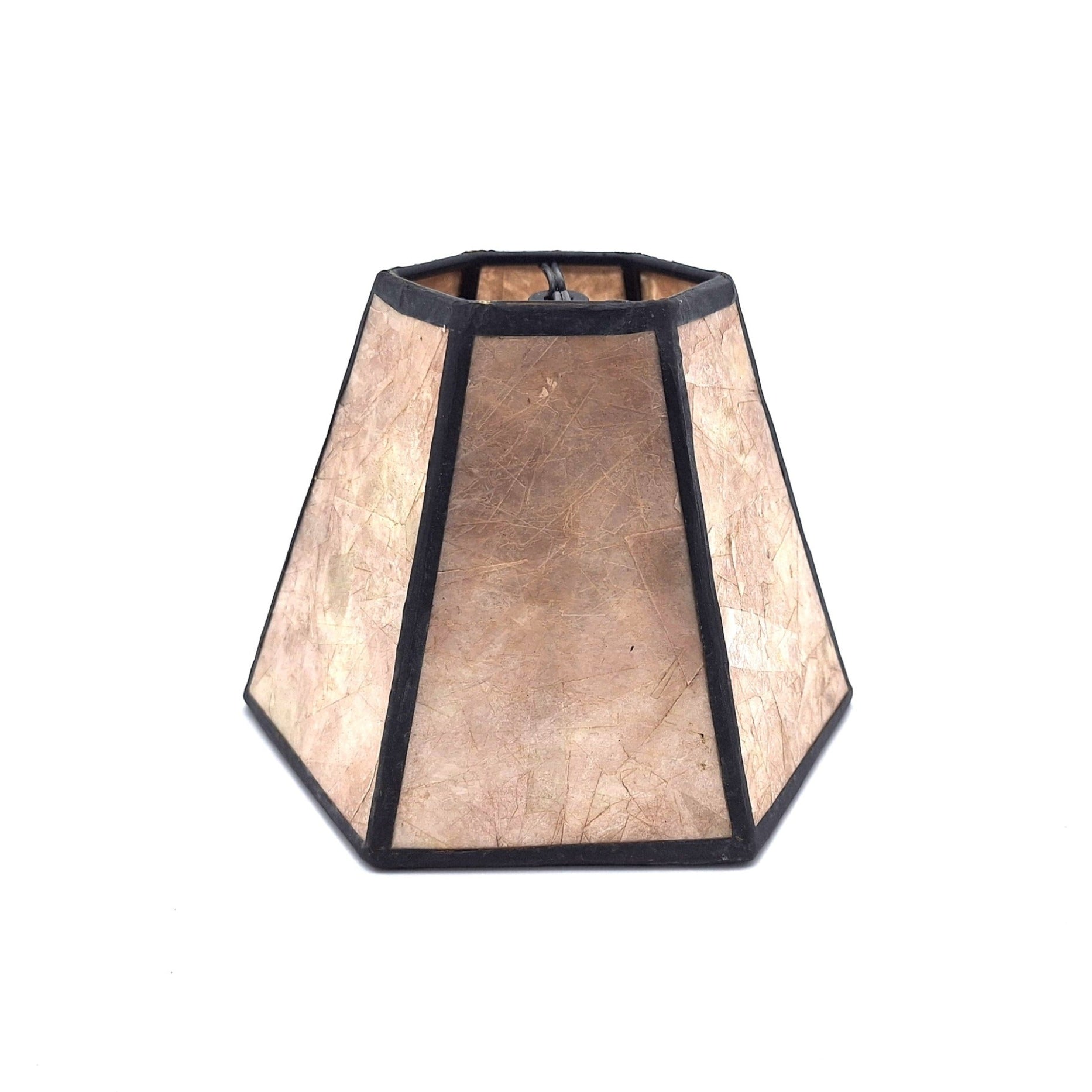 A taupe mica chandelier hexagonal lampshade with translucent natural stone panels and black metal framing, shown against a plain white background.