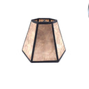 A taupe mica chandelier hexagonal lampshade with translucent natural stone panels and black metal framing, shown against a plain white background.