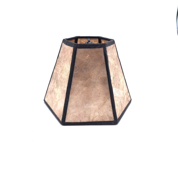A taupe mica chandelier hexagonal lampshade with translucent natural stone panels and black metal framing, shown against a plain white background.