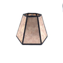 A taupe mica chandelier hexagonal lampshade shown at a slight angle, highlighting its translucent natural stone panels.
