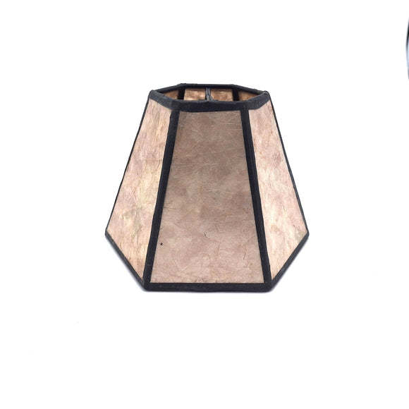 A taupe mica chandelier hexagonal lampshade shown at a slight angle, highlighting its translucent natural stone panels.