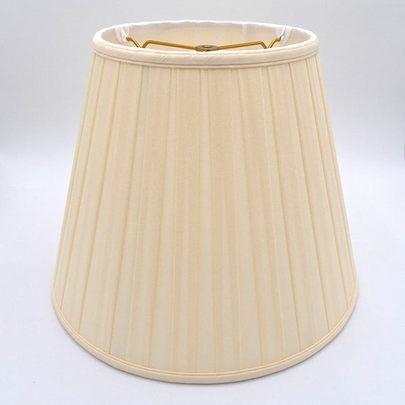 An eggshell shantung space box pleat empire lampshade with hand-pleated fabric and translucent finish, shown against a plain white background.